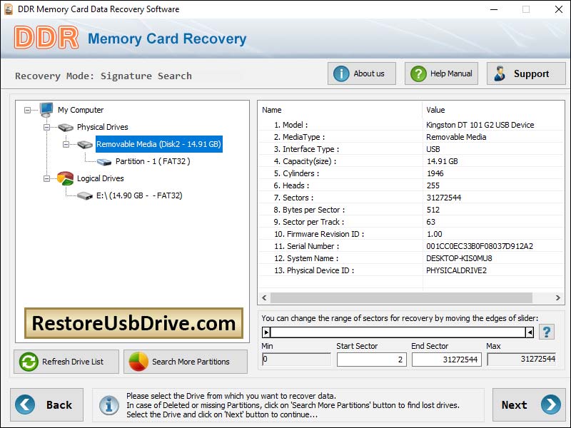 Screenshot of Restore Memory Card